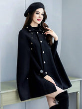 Aurohaya Wool Cape with Studded Details, Shirt Collar, Long Sleeves Elegant Vintage Women's Coat, Black